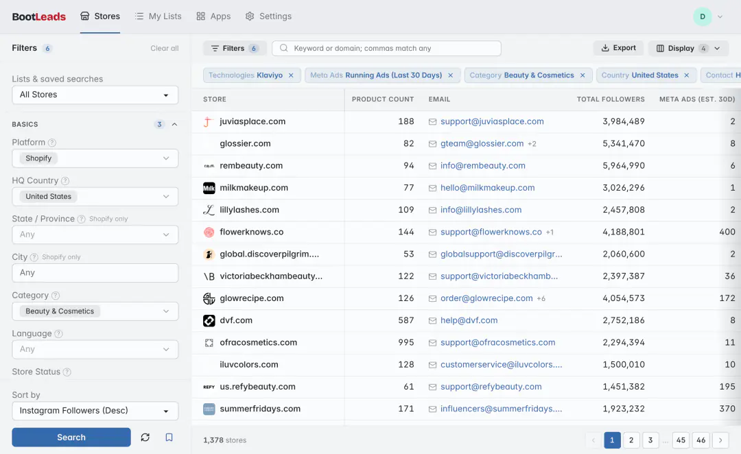 BootLeads store search filtered to US Shopify beauty brands that run Meta ads and use Klaviyo, listing each store's product count, contact email, follower total and 30-day ad count