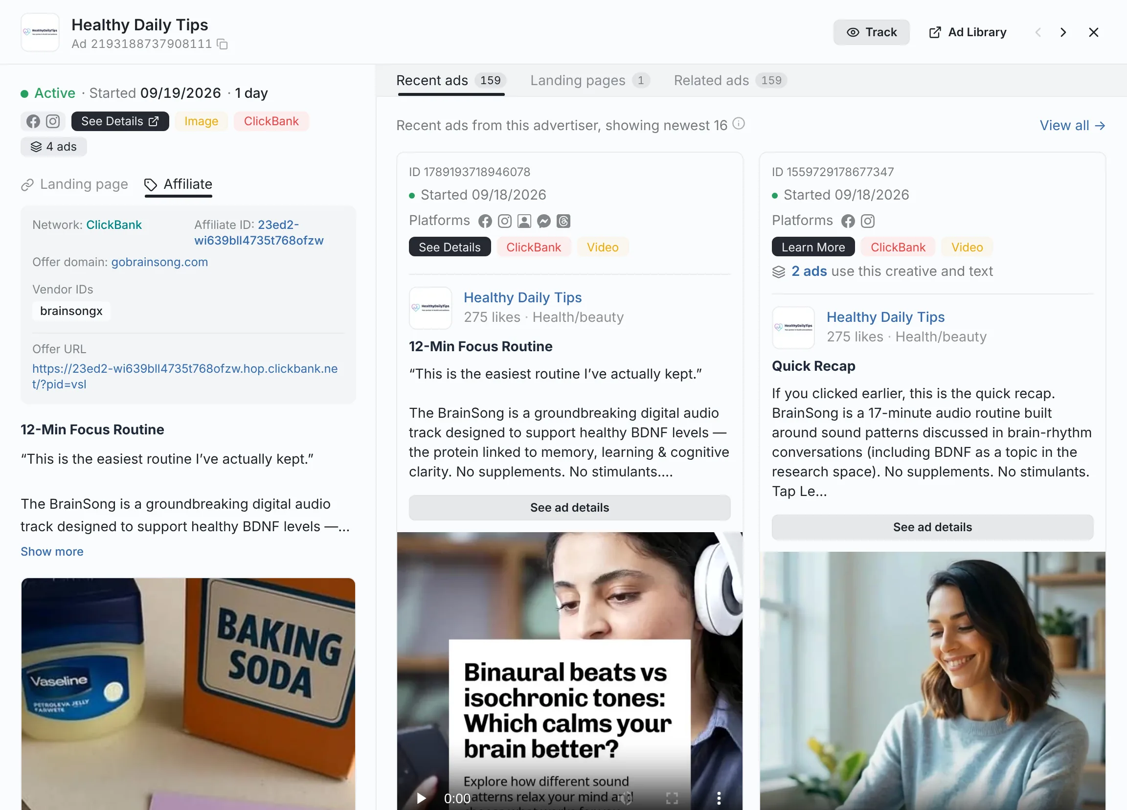 Affiliate ad detail showing the ClickBank network, affiliate ID, offer domain, vendor ID, and offer URL