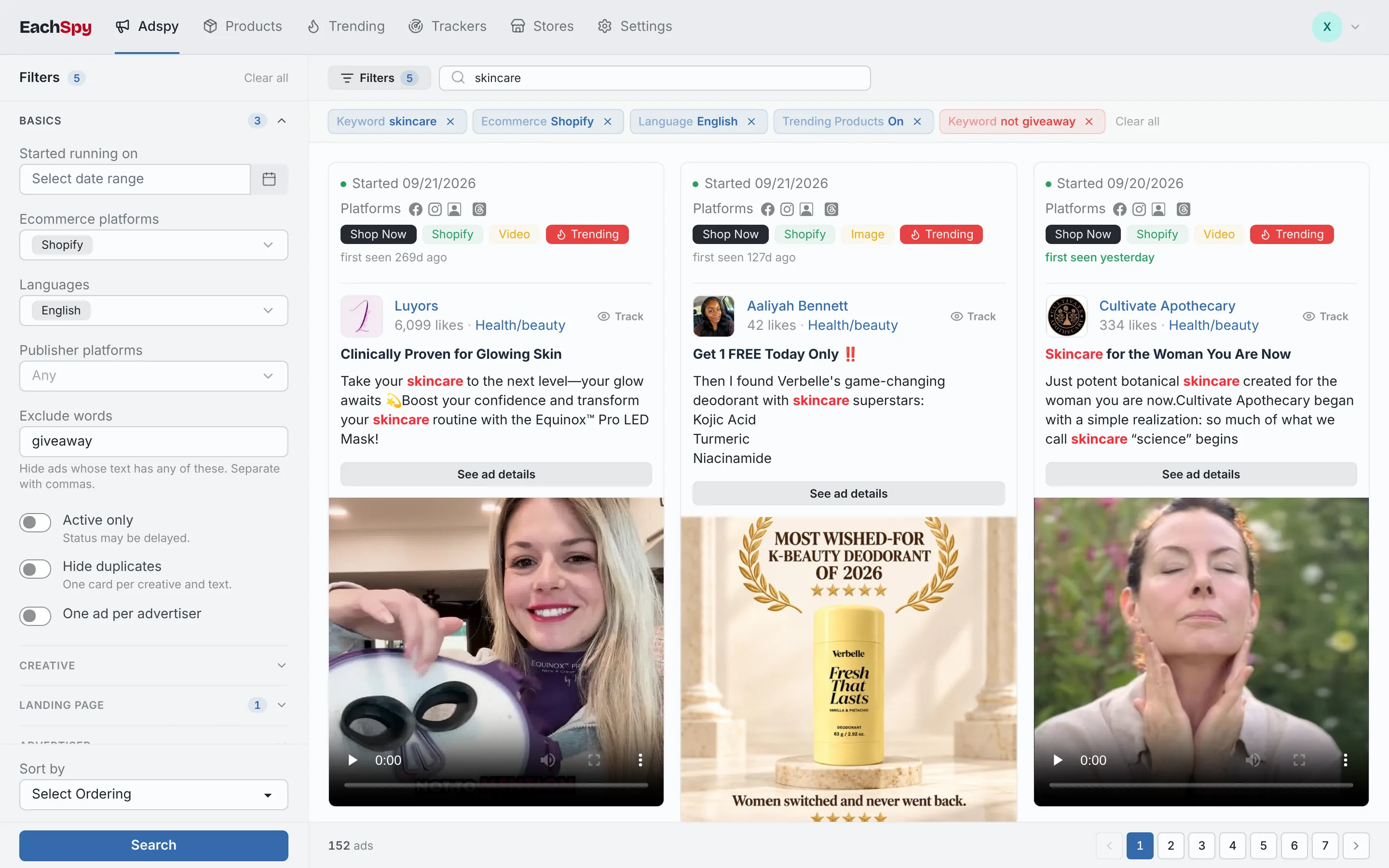 Eachspy ad search for trending skincare ads on Shopify stores, with include and exclude filters applied