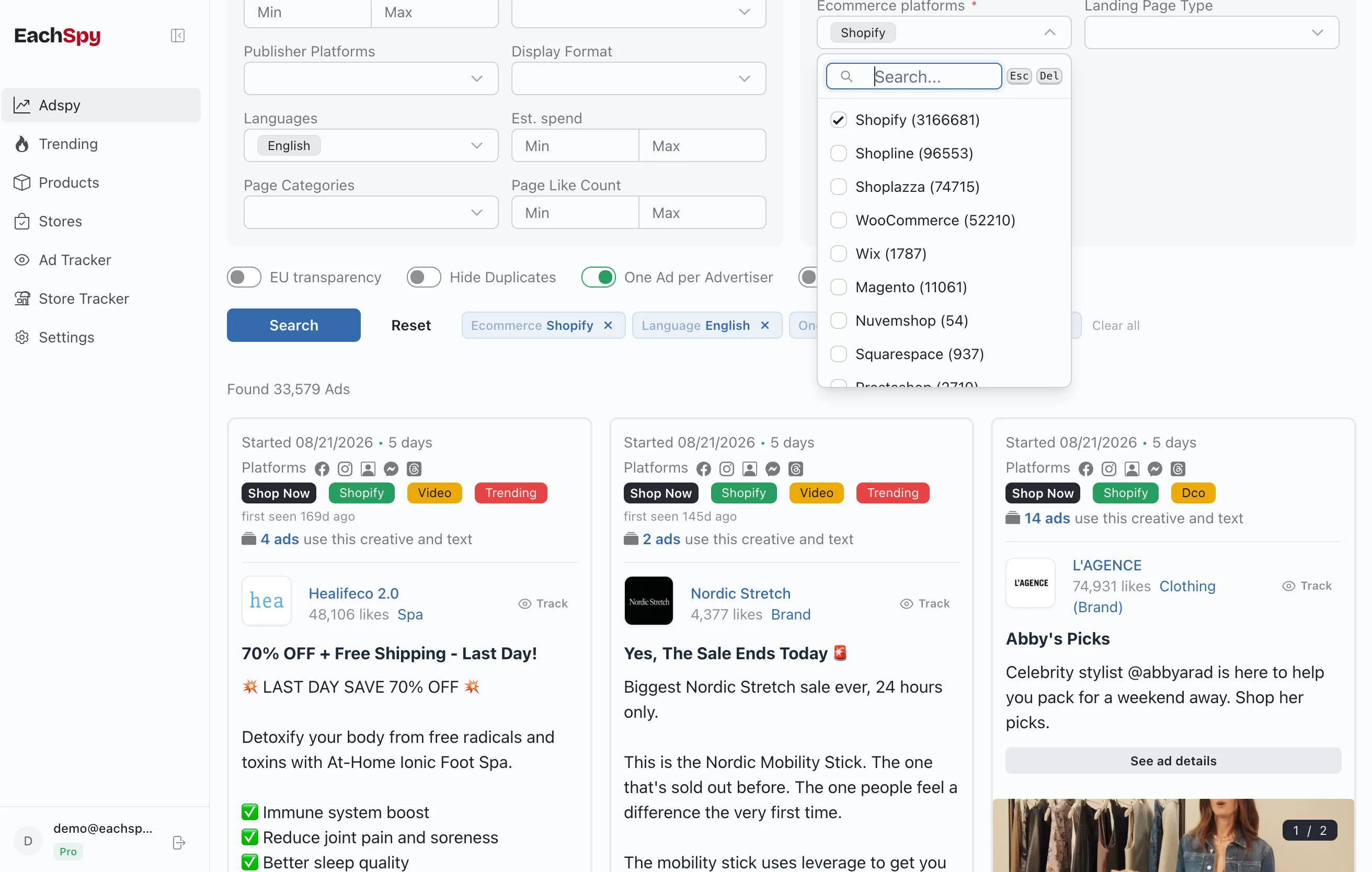 EACHSPY ad search showing the ecommerce platform filter and matching ad results