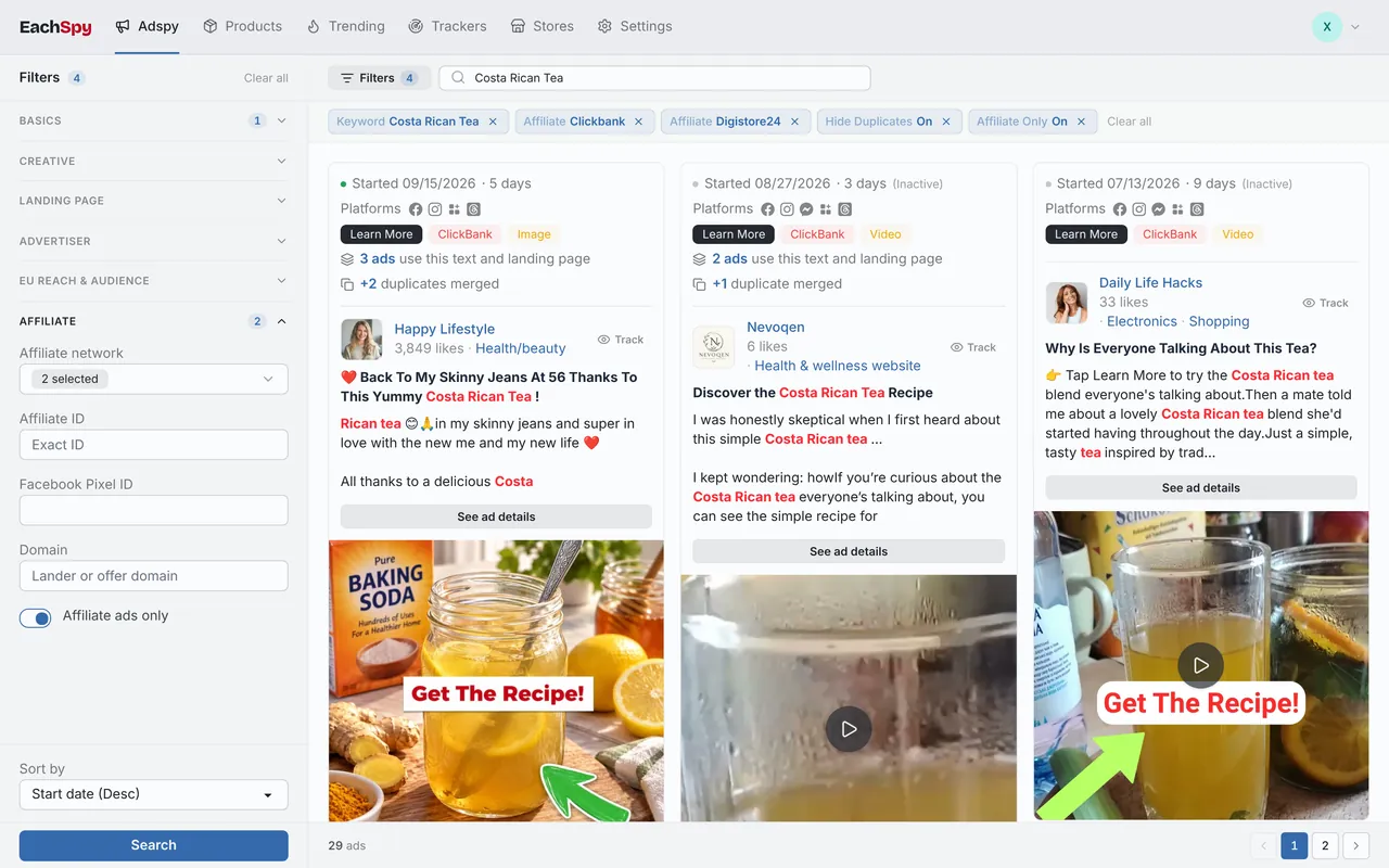 Búsqueda de anuncios de afiliados filtrada a ofertas de ClickBank y Digistore24, con los filtros de afiliados abiertos