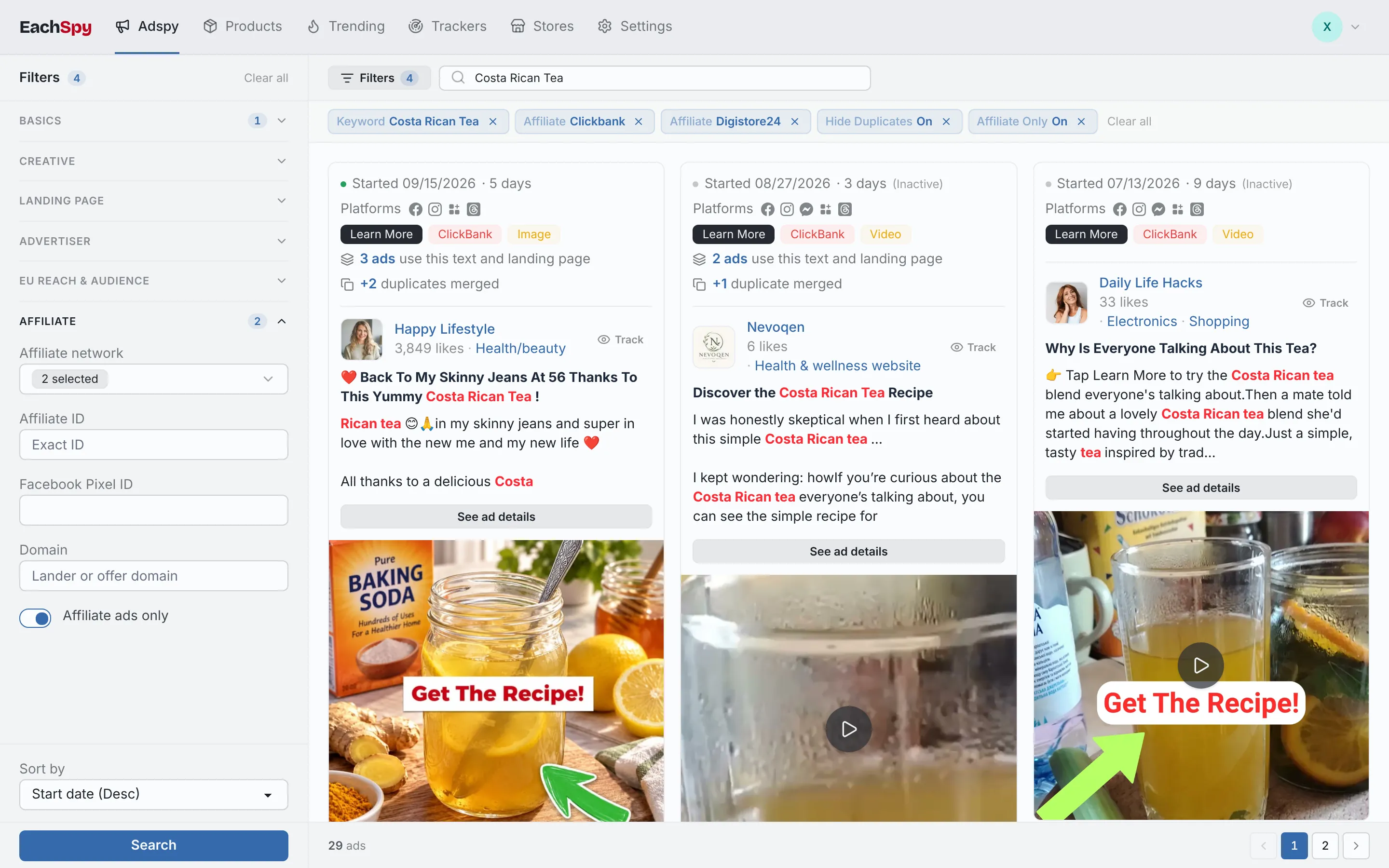 Affiliate ad search filtered to ClickBank and Digistore24 offers, with the affiliate filters open