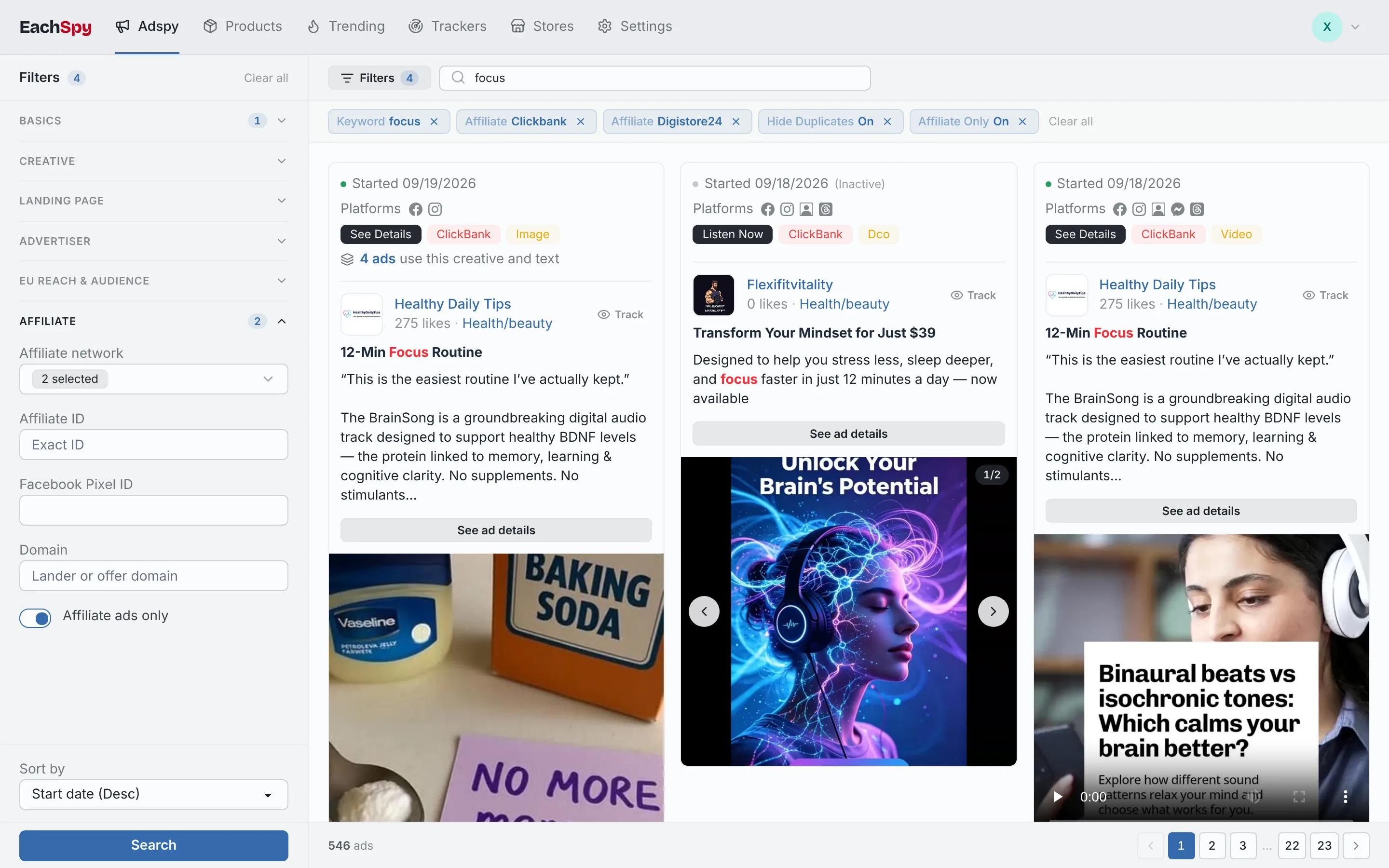Affiliate ad search filtered to ClickBank and Digistore24 offers, with the affiliate filters open
