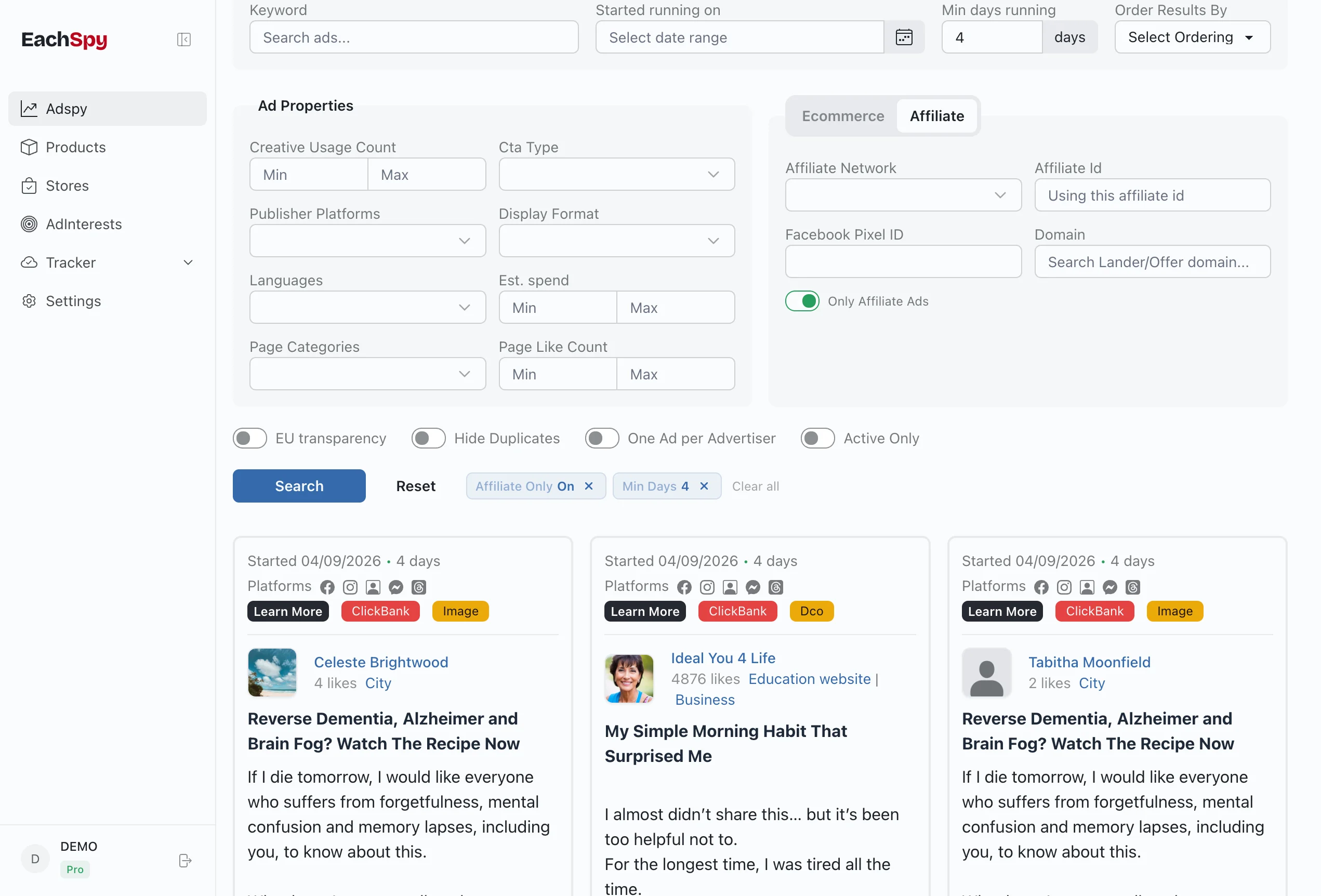 Affiliate ad search showing ClickBank ads with network and domain filters