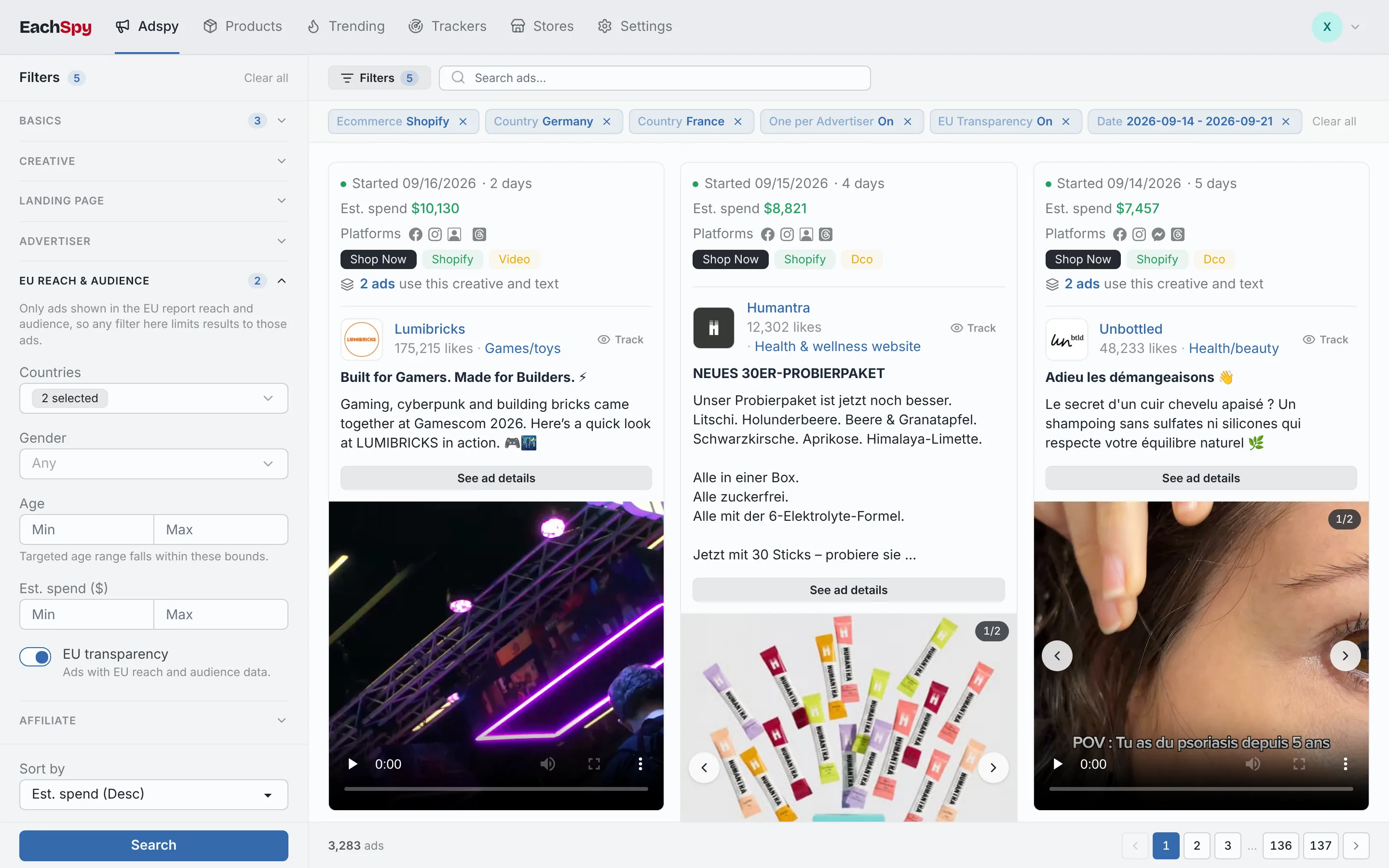 Ecommerce ad search ranked by estimated spend, filtered to Shopify ads shown in Germany and France