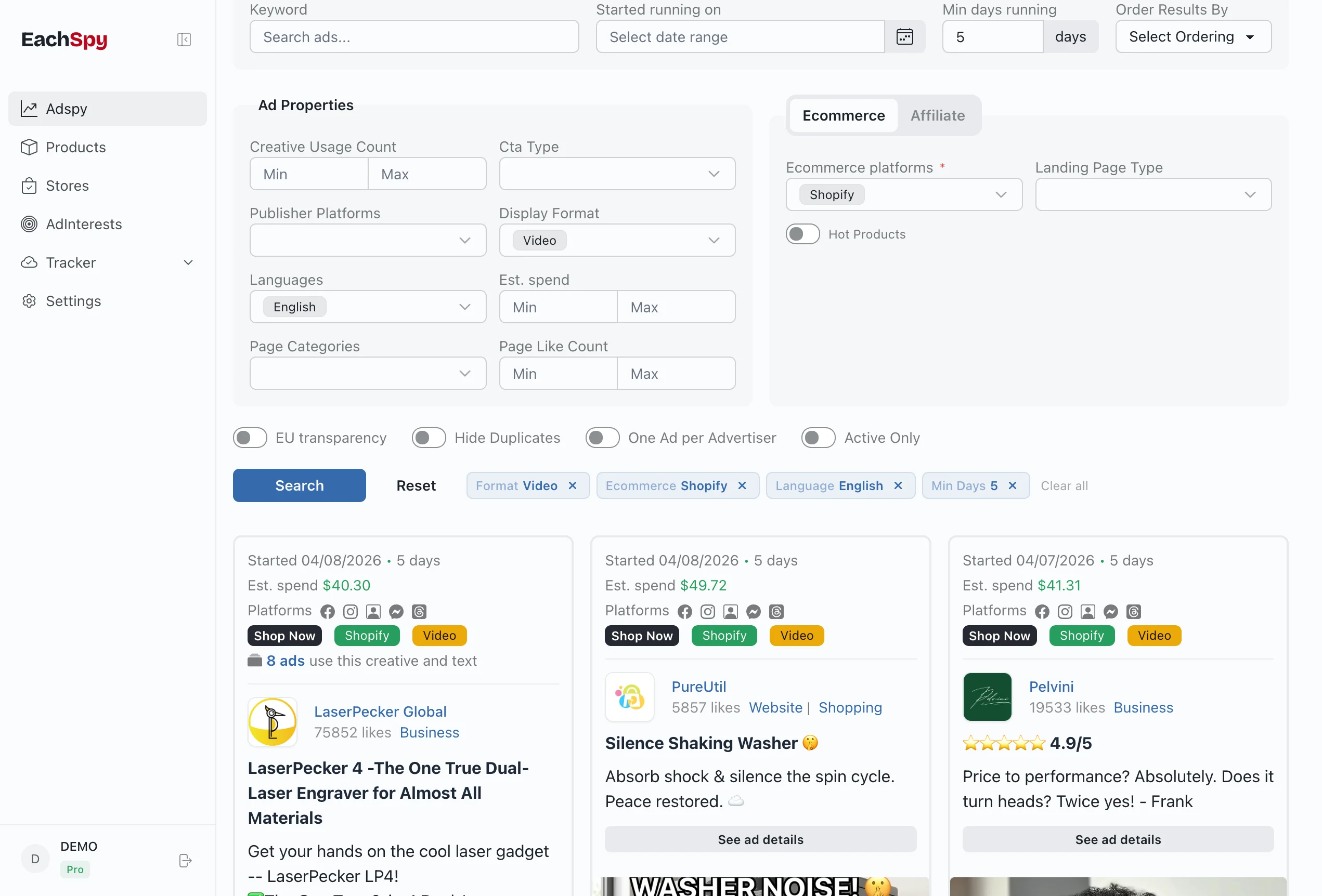 EACHSPY ad search dashboard showing ecommerce ad results with filters