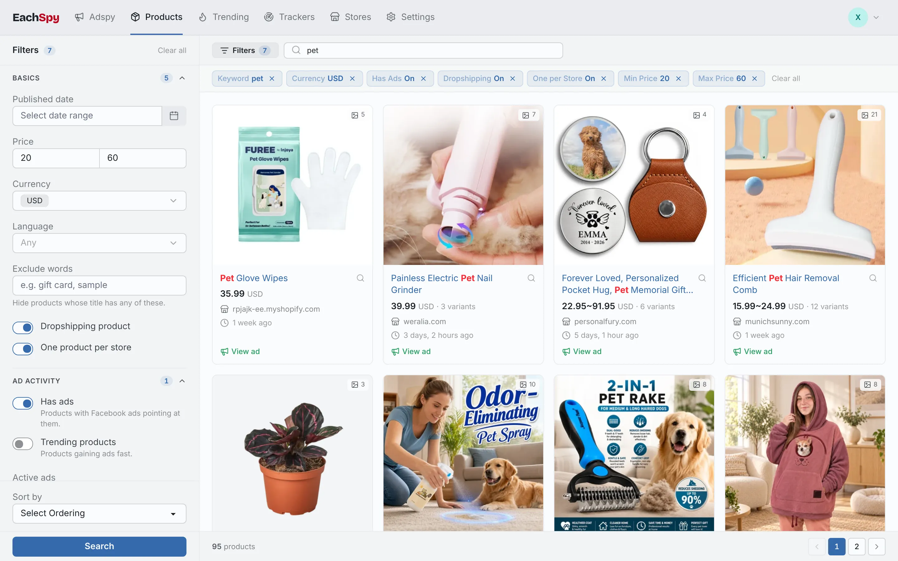 Product library search for USD products between $20 and $60 that already run Facebook ads