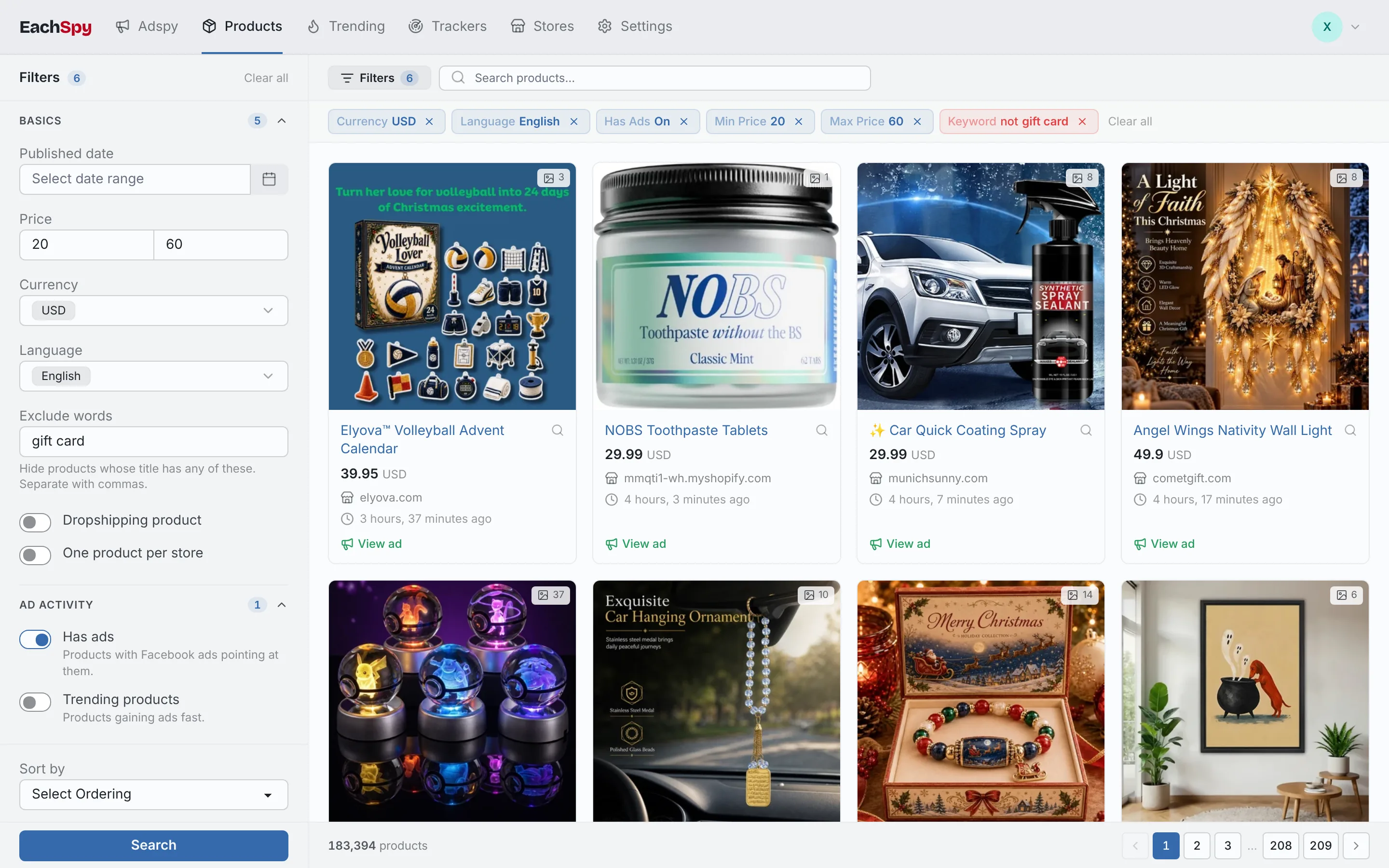 Product library search for USD products between $20 and $60 that already run Facebook ads