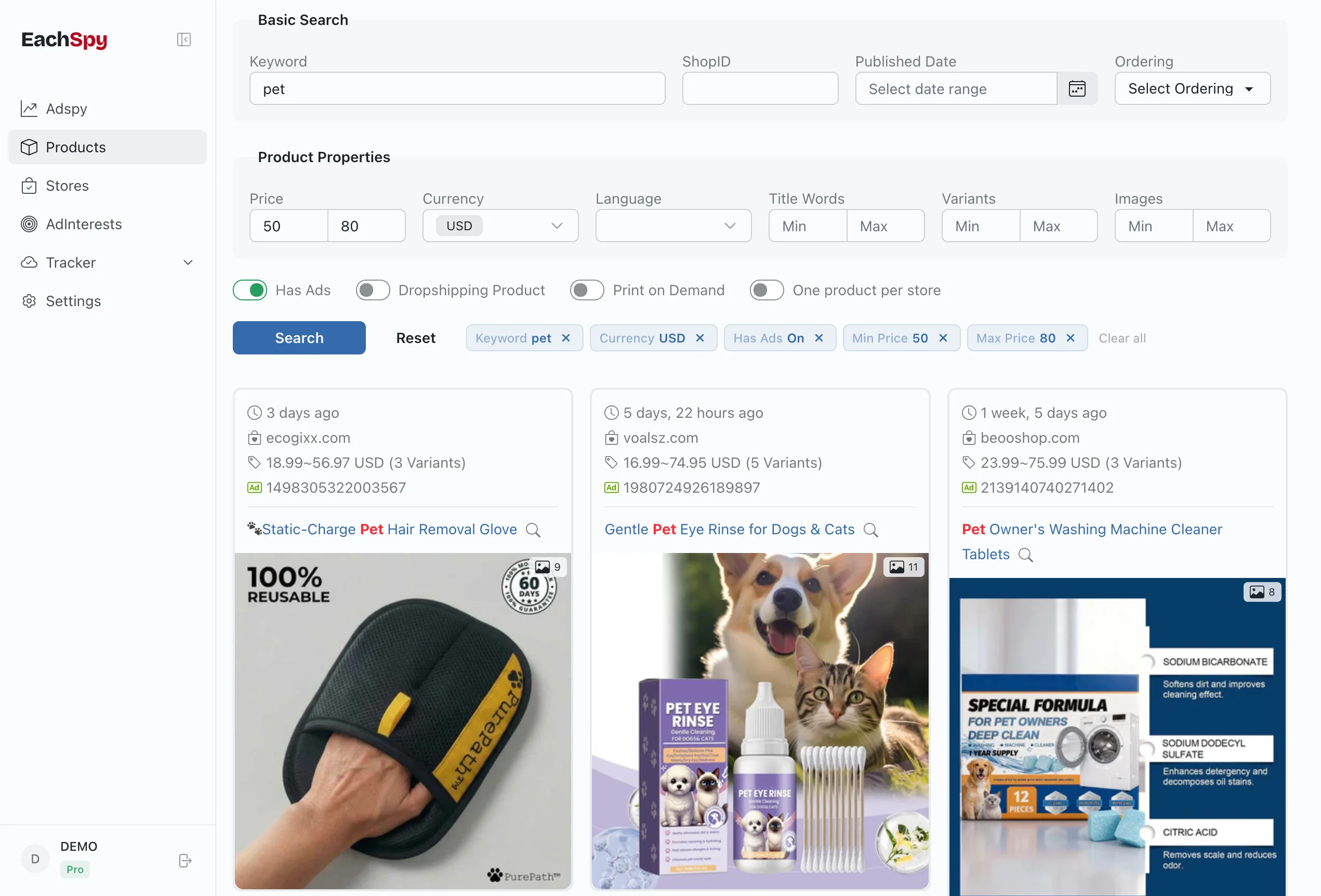 Product database search with keyword, price, currency filters and product cards