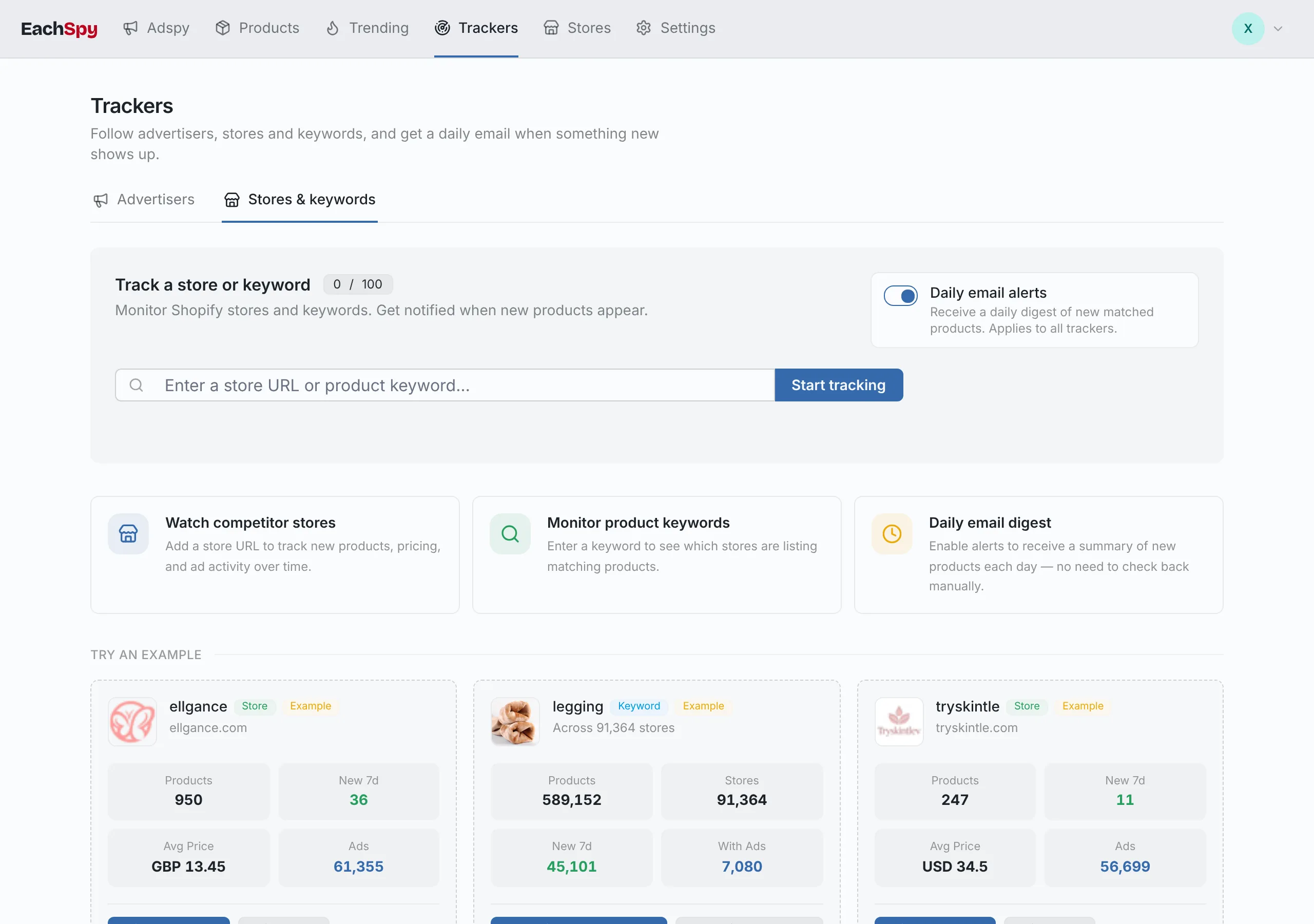Shopify store tracker dashboard with store and keyword monitoring