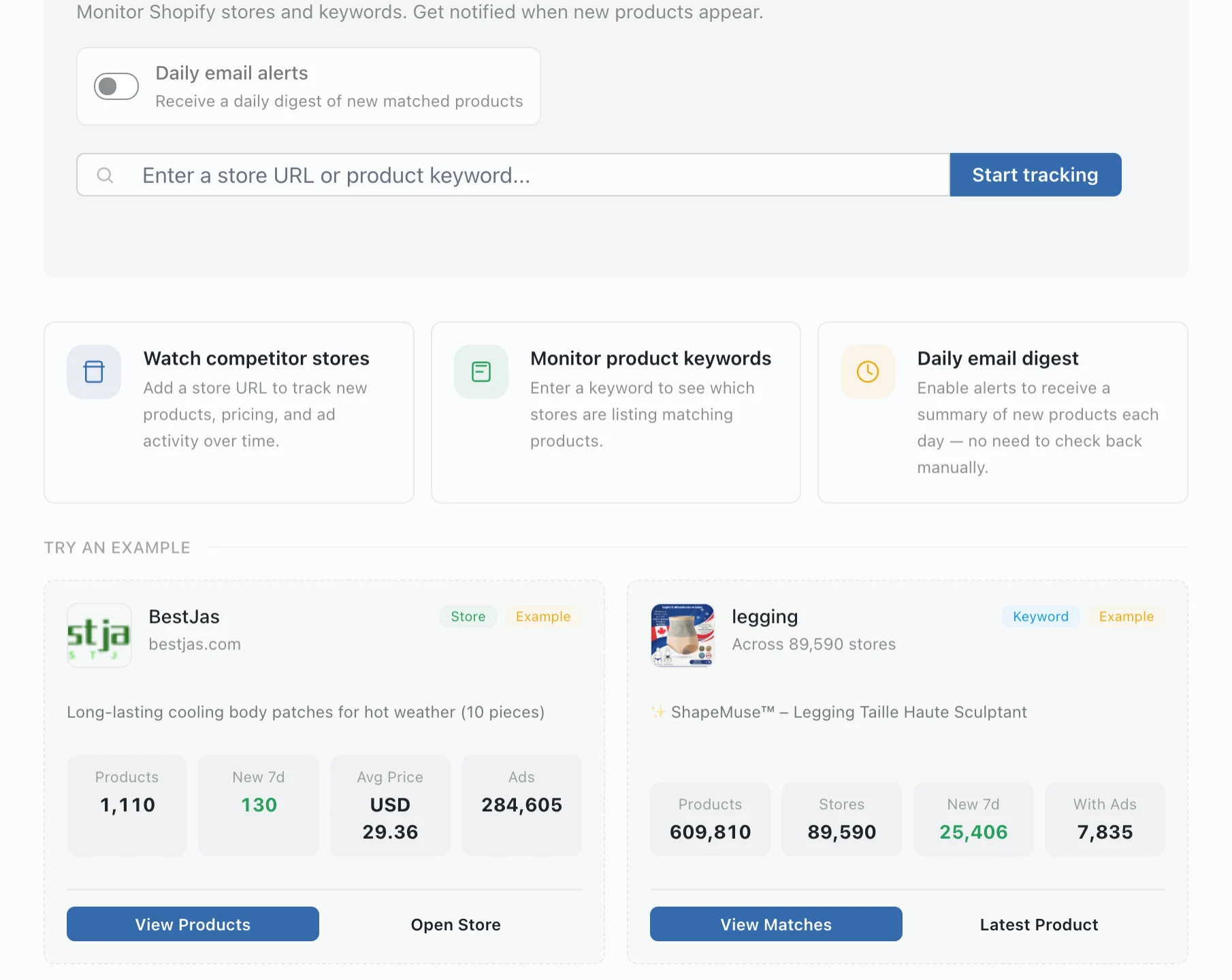 Shopify tracker dashboard showing store and keyword monitoring with daily alerts