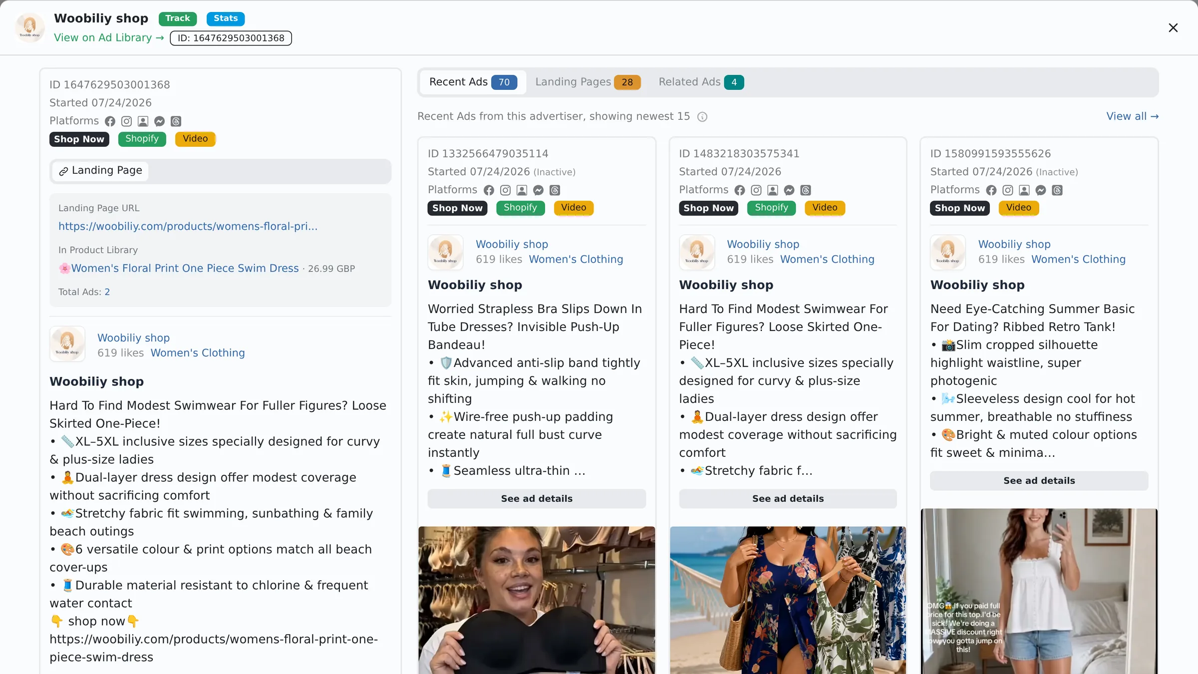 Eachspy ad detail panel linking a Facebook ad to its Shopify product with price and ad count