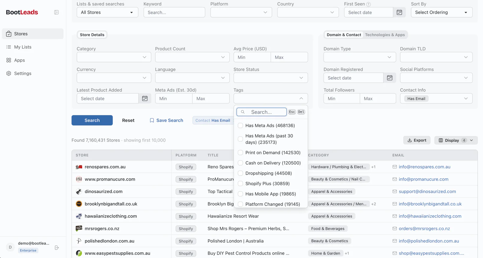 BootLeads dashboard: store filters and results with platform, title, category, and contact email for millions of stores
