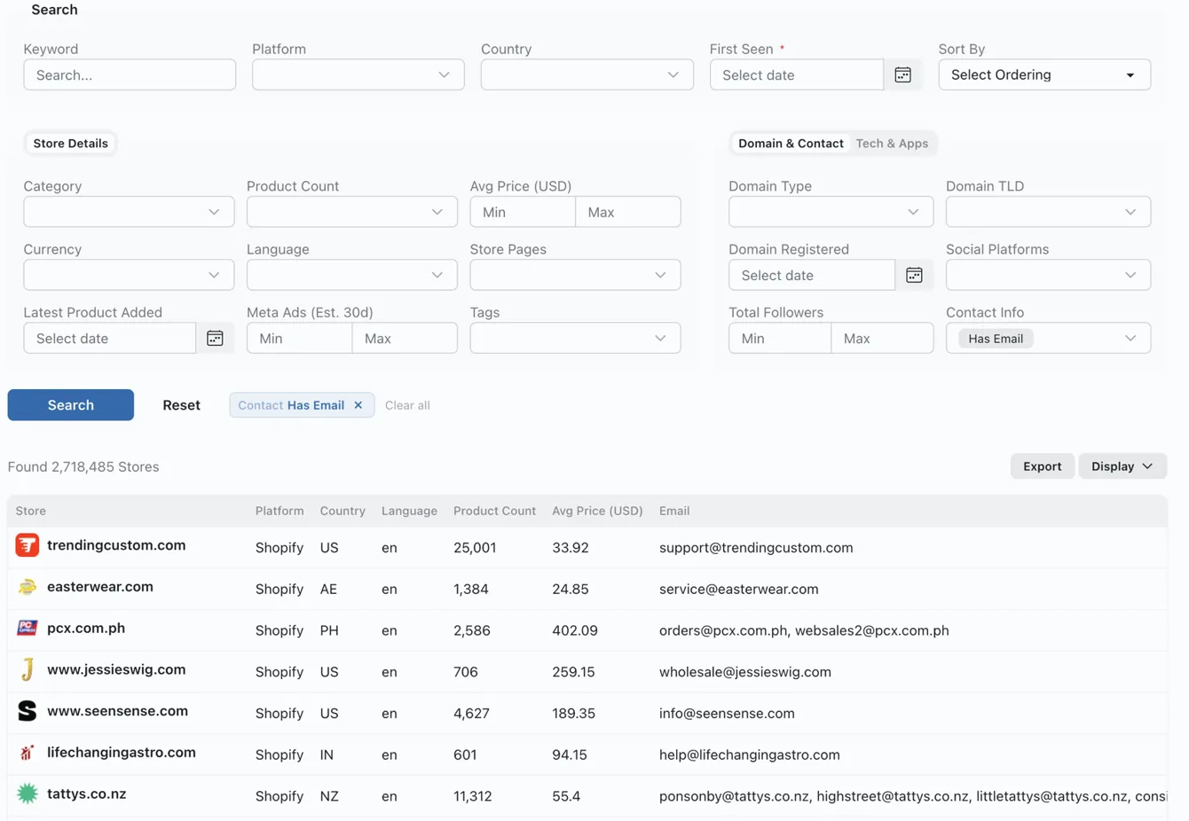 BootLeads dashboard: search filters and results with platform, country, product count, price, and contact email for millions of stores